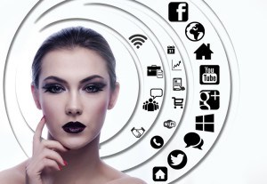 Image of a woman with makeup and social media icons in a graphic